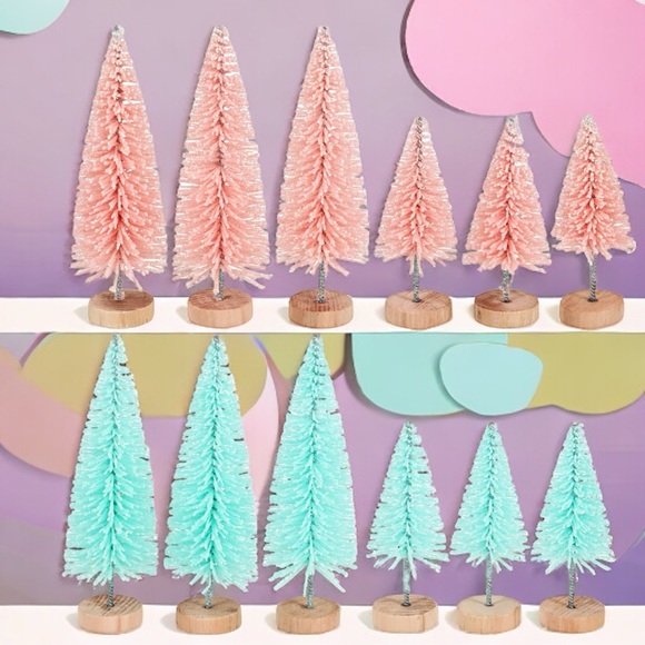 None Other - 12 mini glitter spring Easter bottle brush trees coral & aqua fairy gnome garden
